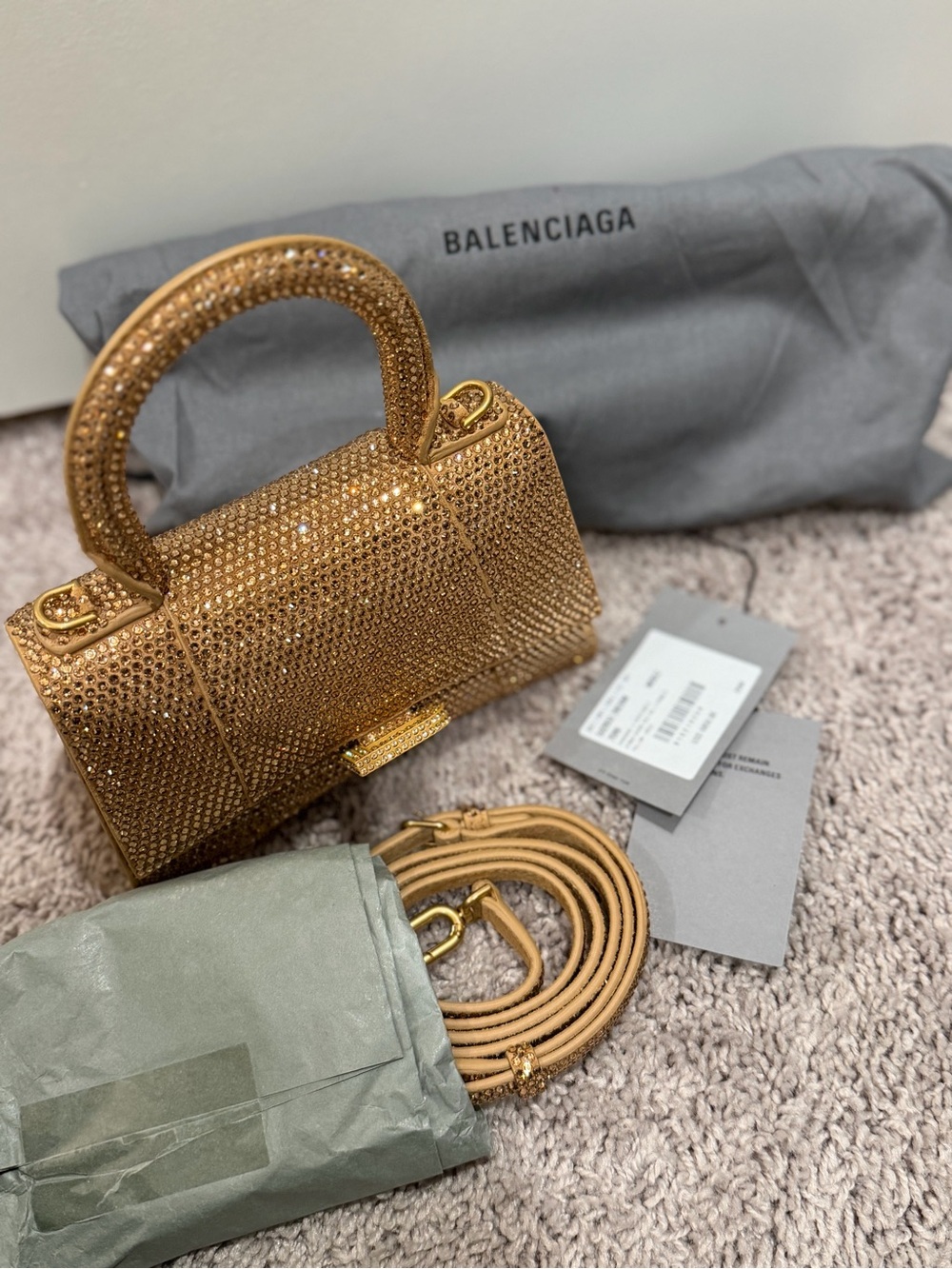 Balenciaga Gold/Brown Leather XS Crystal Hourglass Top Handle Bag new - Picture 4 of 12